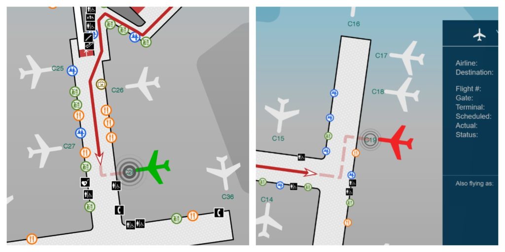Screen showing a green plane (on time flight) and a red plane (cancelled flight).