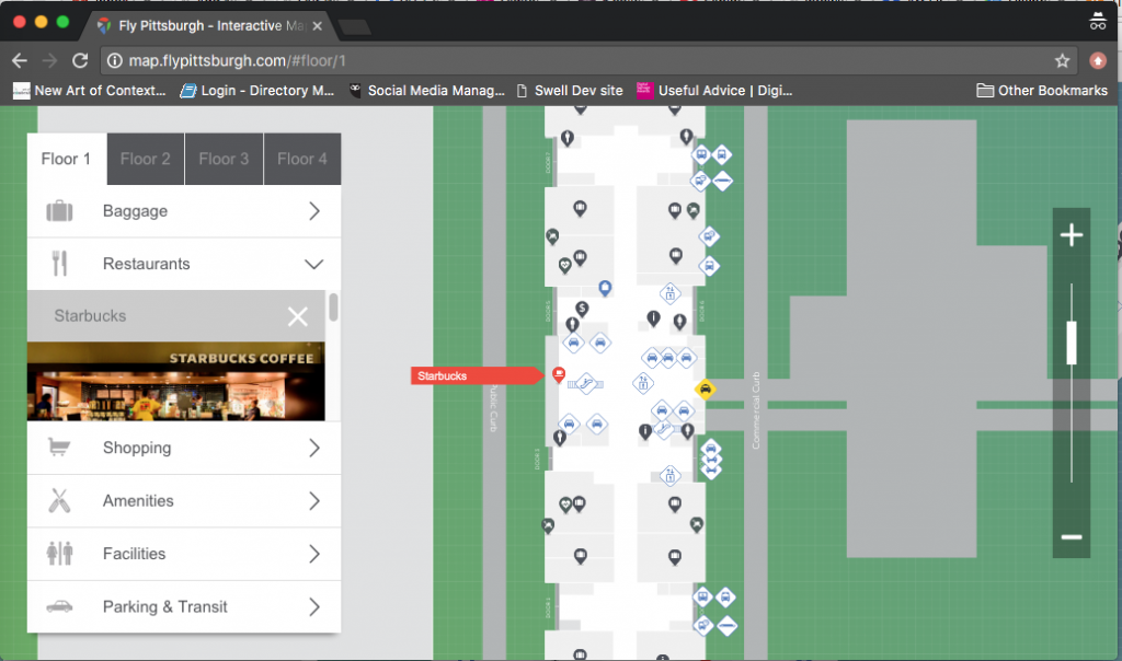 Starbucks on the baggage claim level is selected and an arrow points to the location on the map. 