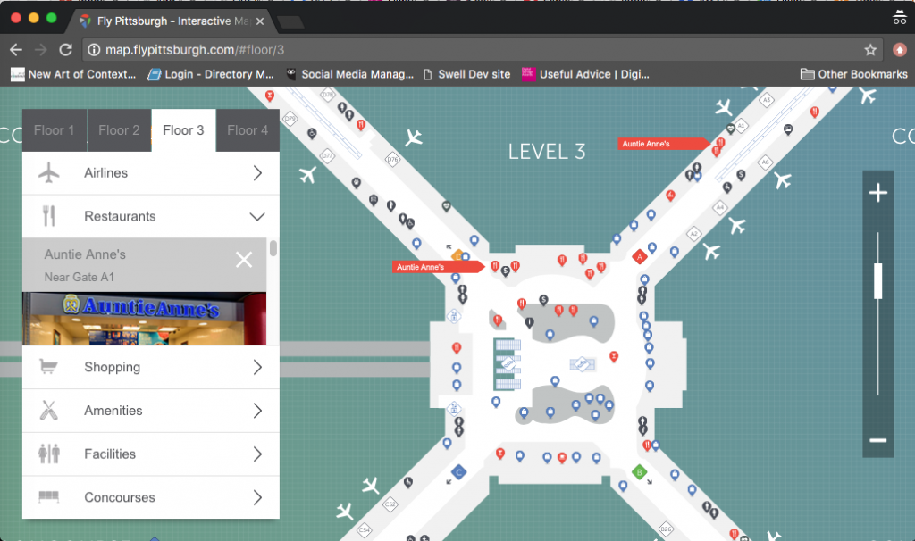 Auntie Anne's Pretzels is selected, there is a photo of the store front and arrows point to the locations in the terminal on the map.