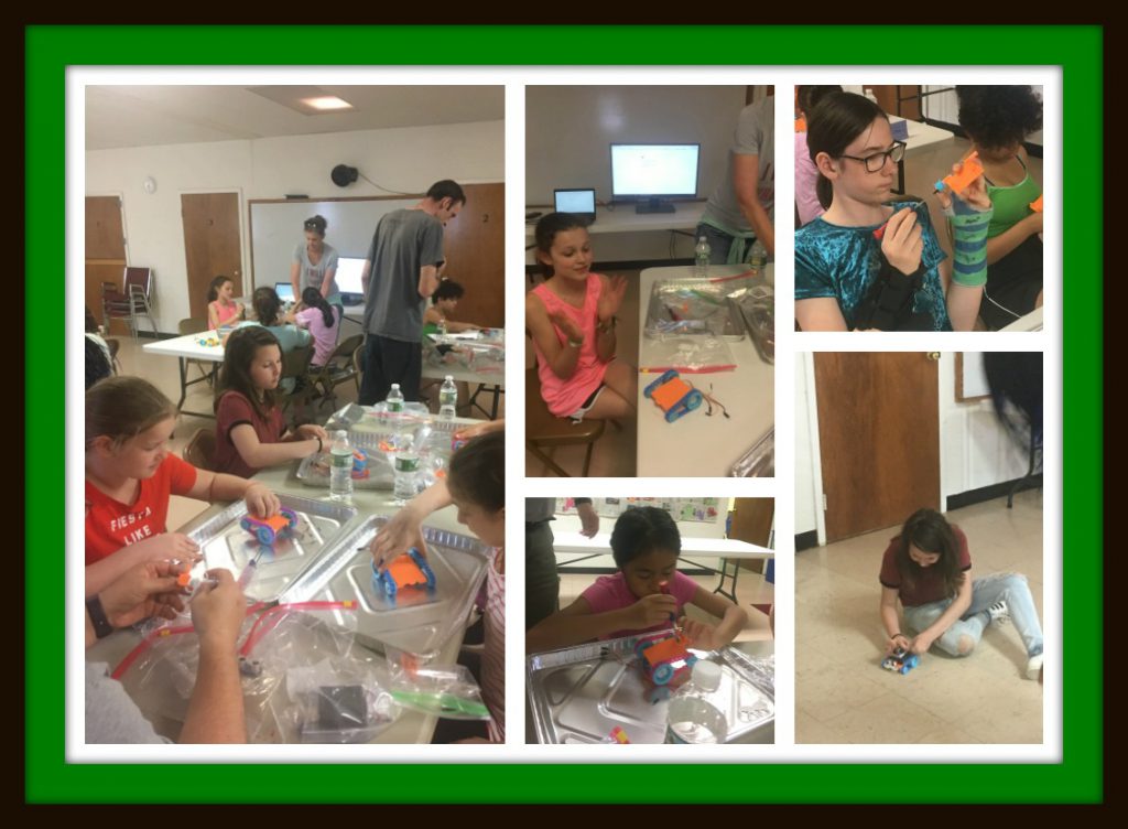 A collage of photos of the girls assembling their robots. Expressions range from fierce concentration to huge smiles of success