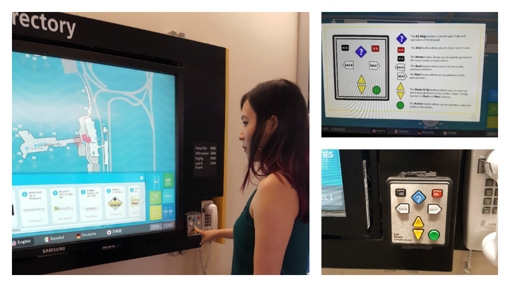 Three photo collage 1 - Woman standing with looking at a screen with the SAN map , her hand is resting on the EZ Access keypad. 2- On screen instructions for the EZ Access keypad 3 - close -up of the EZ Access keypad