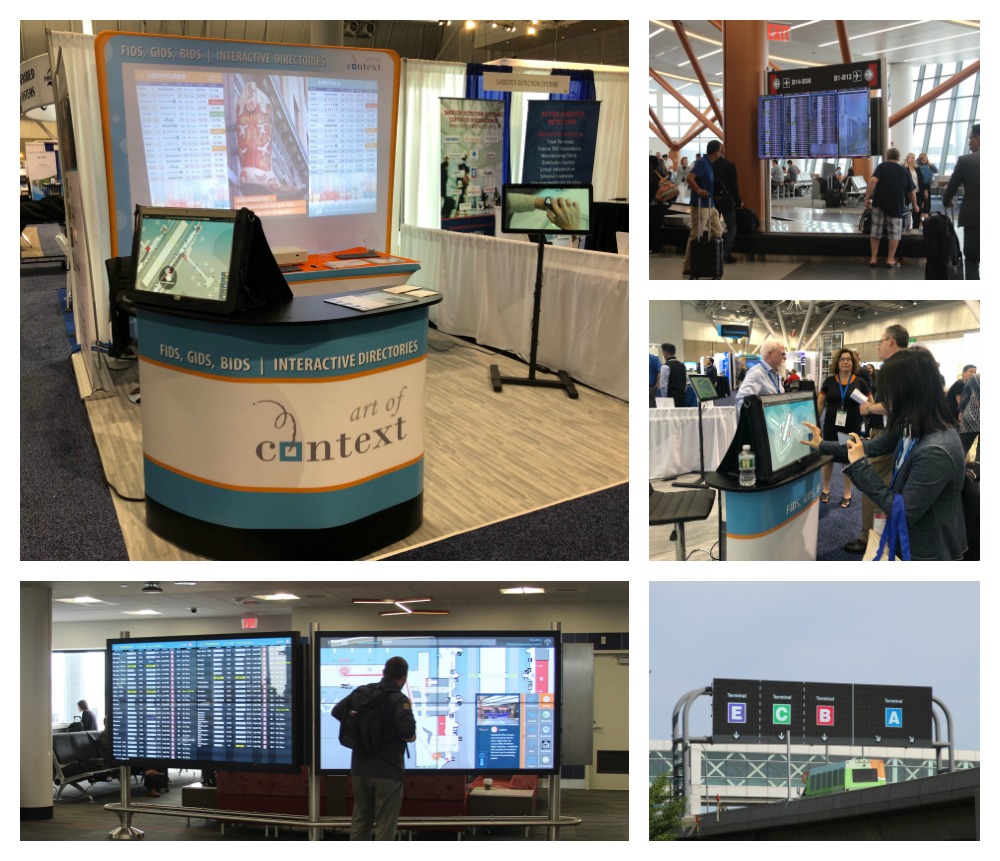 Collage - Upper left the Art of Context booth at AAAE Boston, upper right FIDS in terminal B at BOS, Right side center attendees experimenting with our interactive wayfinding solution. Lower right, an LED over road sign at BOS, Lower Left traveler using an infowall in Terminal B at BOS to locate food. 