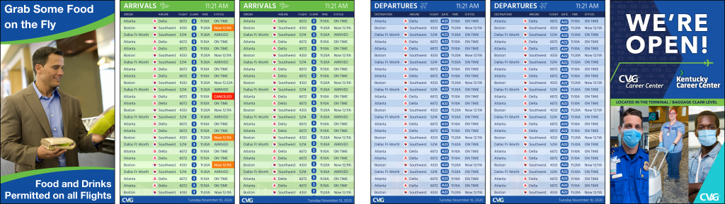 A mock up of six vertical screens There are advertisements on the screens at both ends. Two screens of arrivals are on the left in shades of green and two screens of departures are on the right in shades of blue.