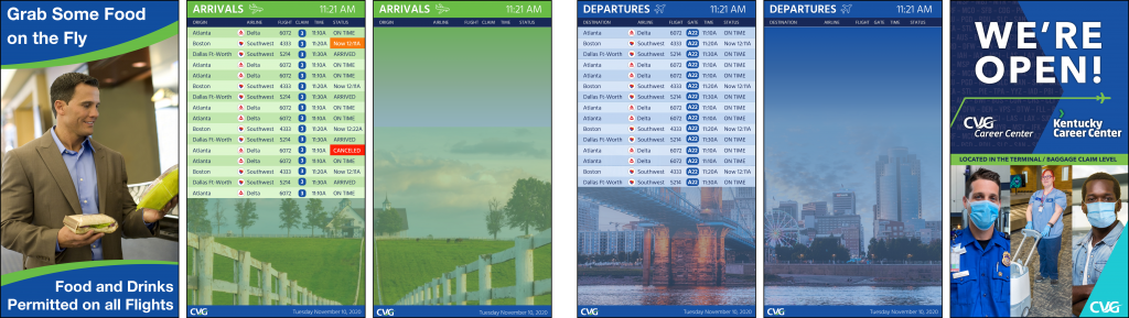 FIDS Low volume, when the volume of flights tapers background images of geographical icons of Cincinnati peak through 